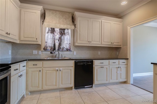 5906 Amberwood Ln, Montgomery, AL 36116 - kitchen featuring dishwasher, dark countertops, decorative backsplash, light tile patterned floors, and crown molding