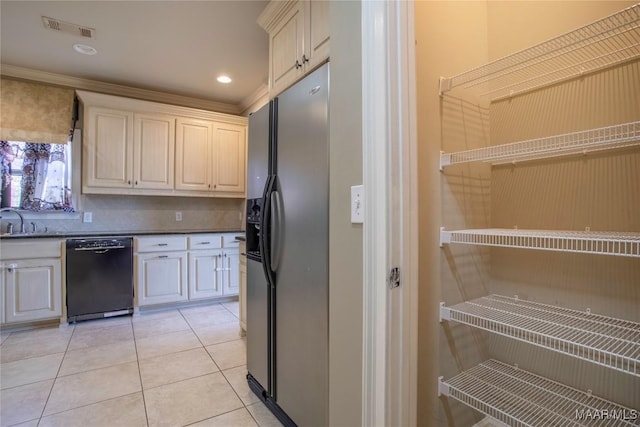 5906 Amberwood Ln, Montgomery, AL 36116 - kitchen featuring black dishwasher, stainless steel fridge with ice dispenser, light tile patterned flooring, and tasteful backsplash