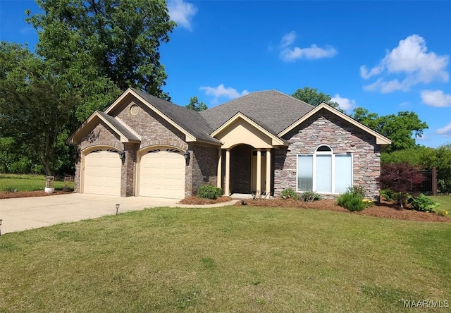 5906 Amberwood Ln, Montgomery, AL 36116 - view of front of home with a garage, a front lawn, driveway, and stone siding