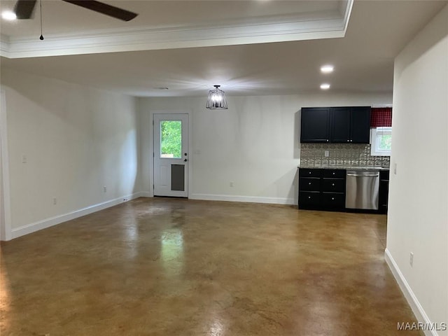 215 Indian Ln, Tallassee, AL 36078 - unfurnished living room featuring ornamental molding, finished concrete flooring, baseboards, and a ceiling fan