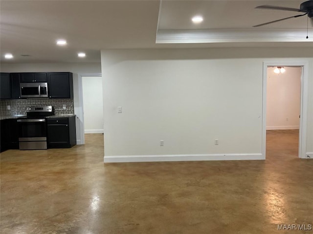 215 Indian Ln, Tallassee, AL 36078 - kitchen with stainless steel appliances, finished concrete floors, ceiling fan, backsplash, and recessed lighting