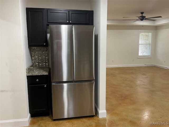 215 Indian Ln, Tallassee, AL 36078 - kitchen featuring freestanding refrigerator, a ceiling fan, and baseboards