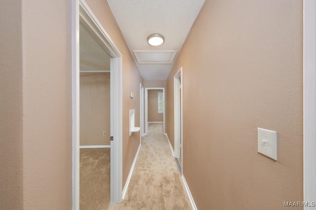 hall with attic access, carpet floors, and baseboards