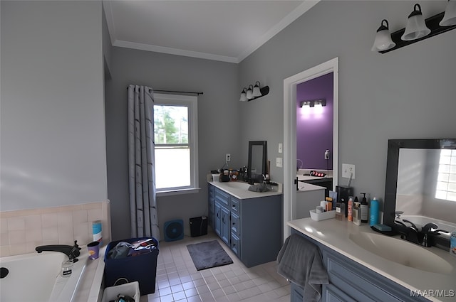 1496 County Road 81st Rd, Prattville, AL 36067 - full bathroom with two vanities, a bath, tile patterned flooring, and crown molding