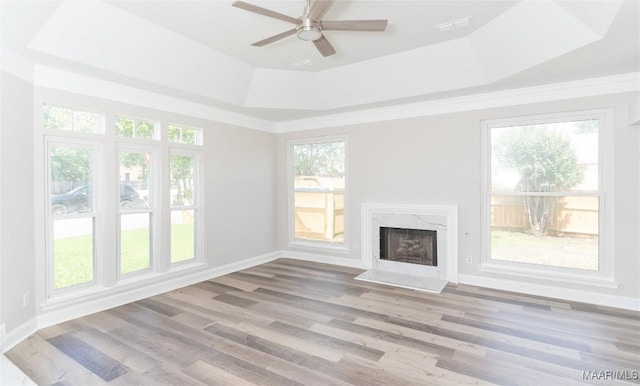 unfurnished living room featuring a tray ceiling, a fireplace, wood finished floors, and healthy amount of natural light
