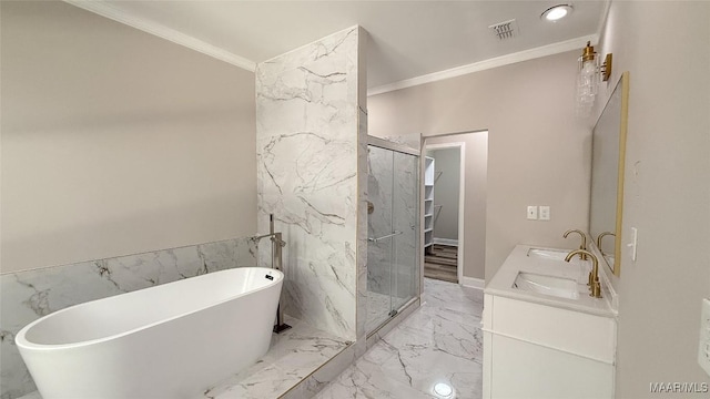 bathroom featuring marble tiled flooring, ornamental molding, a marble finish shower, a soaking tub, and double vanity