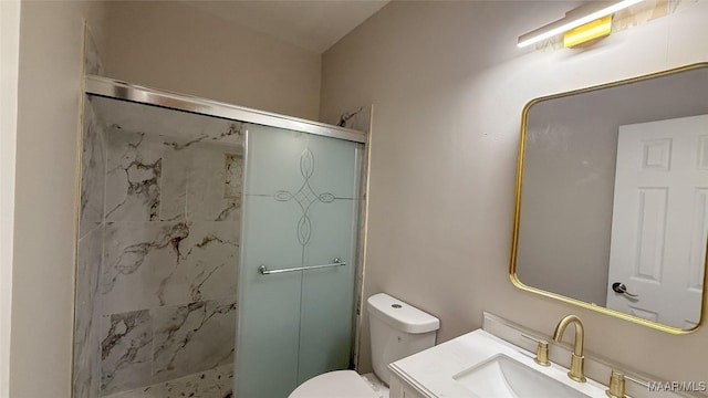 bathroom featuring a shower stall, toilet, and vanity