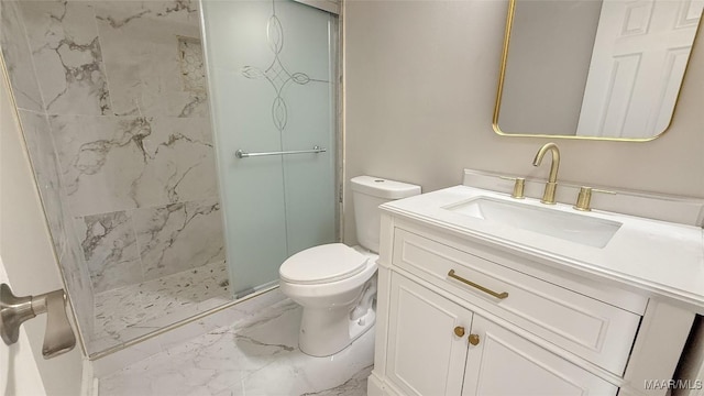 full bath with marble look tiles, a shower stall, toilet, and vanity