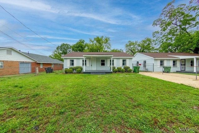 ranch-style house featuring covered porch and a gate
