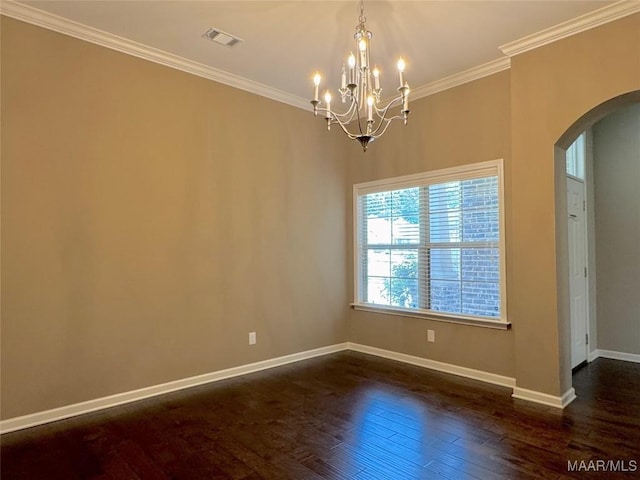 9145 Autumn Brooke Way, Montgomery, AL 36117 - empty room with arched walkways, dark wood-type flooring, a chandelier, and crown molding