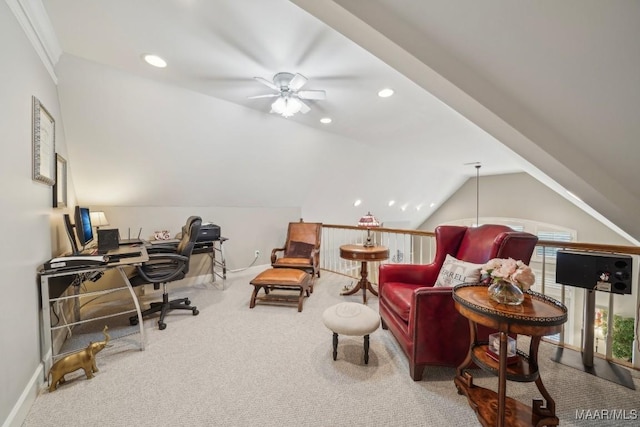 carpeted office space with a ceiling fan, vaulted ceiling, baseboards, and recessed lighting