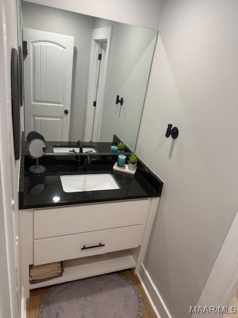 bathroom with wood finished floors and vanity