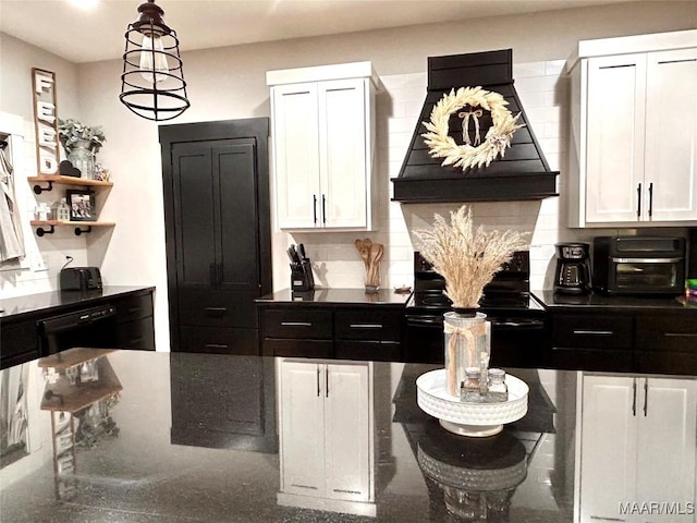 2533 Weldon Rd, Tallassee, AL 36078 - kitchen with electric range, premium range hood, decorative backsplash, and white cabinetry