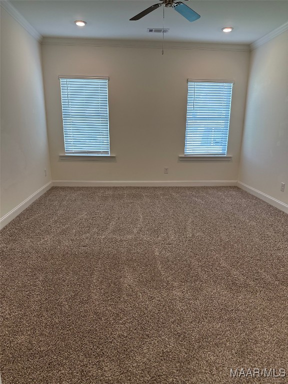 5168 Sedona Dr, Montgomery, AL 36116 - spare room featuring crown molding, baseboards, carpet, ceiling fan, and recessed lighting