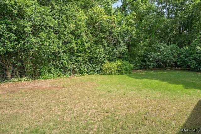 view of grassy yard with a view of trees