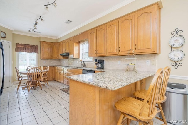 kitchen featuring light tile patterned floors, light stone counters, a kitchen bar, a peninsula, and a sink