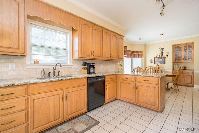 kitchen with dishwasher, a sink, a peninsula, light tile patterned floors, and ornamental molding