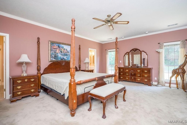 bedroom featuring crown molding, carpet floors, a ceiling fan, and baseboards