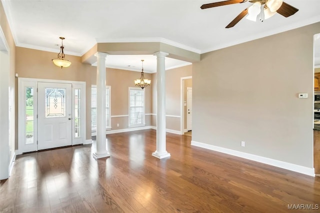 612 Coleman Way, Prattville, AL 36067 - foyer with ornate columns, plenty of natural light, a ceiling fan, ornamental molding, and wood finished floors