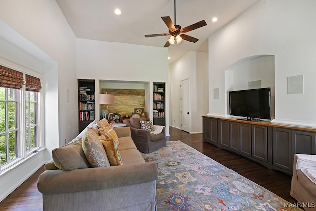 1777 Barganier Rd, Cecil, AL 36013 - living area featuring dark wood-style floors, a ceiling fan, high vaulted ceiling, baseboards, and recessed lighting