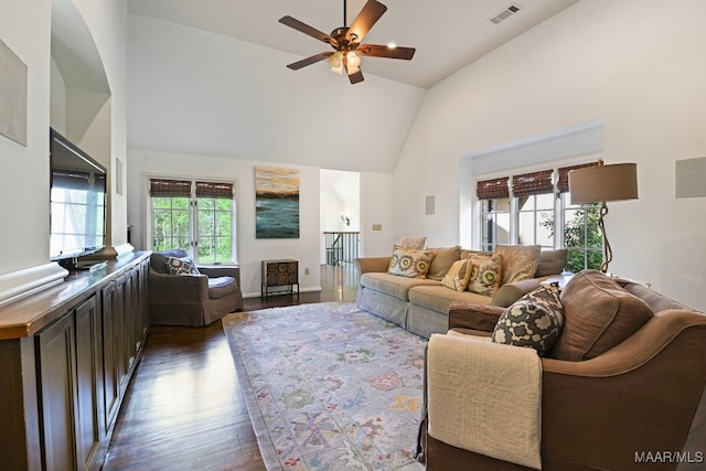 1777 Barganier Rd, Cecil, AL 36013 - living area with high vaulted ceiling, dark wood-type flooring, and ceiling fan