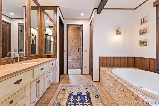 1777 Barganier Rd, Cecil, AL 36013 - full bath featuring vanity, a bath, crown molding, a stall shower, and recessed lighting