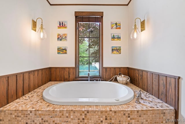 1777 Barganier Rd, Cecil, AL 36013 - full bath with a wainscoted wall, a bath, crown molding, and wood walls