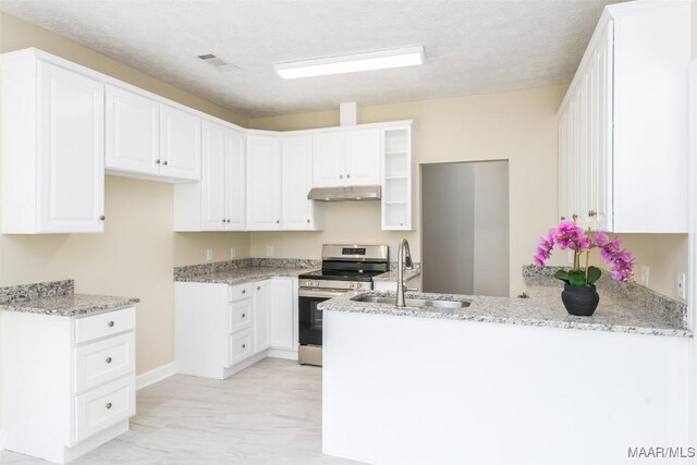 2224 Halcyon Blvd, Montgomery, AL 36117 - kitchen featuring stainless steel range with electric cooktop, a sink, under cabinet range hood, a peninsula, and light stone counters