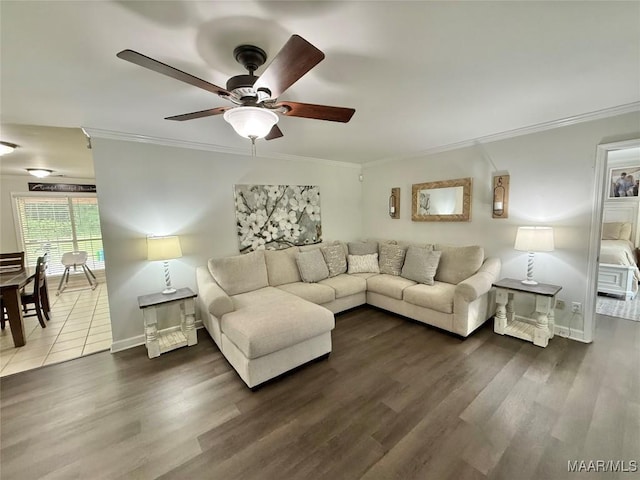 419 County Road 16, Valley Grande, AL 36701 - living area featuring ornamental molding, ceiling fan, wood finished floors, and baseboards