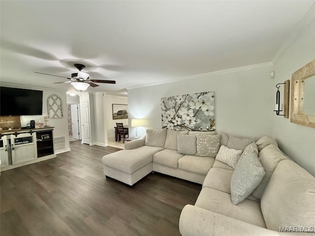 419 County Road 16, Valley Grande, AL 36701 - living room with a ceiling fan, ornamental molding, and dark wood-type flooring