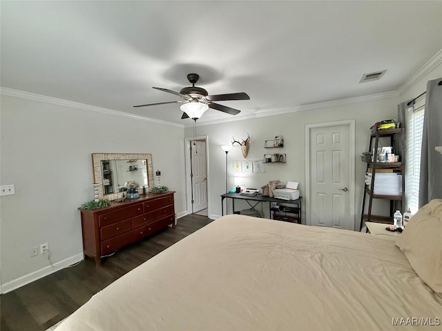419 County Road 16, Valley Grande, AL 36701 - bedroom featuring dark wood-type flooring, ornamental molding, baseboards, and ceiling fan