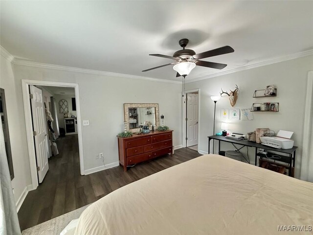 419 County Road 16, Valley Grande, AL 36701 - bedroom with dark wood-style flooring, ornamental molding, baseboards, and ceiling fan