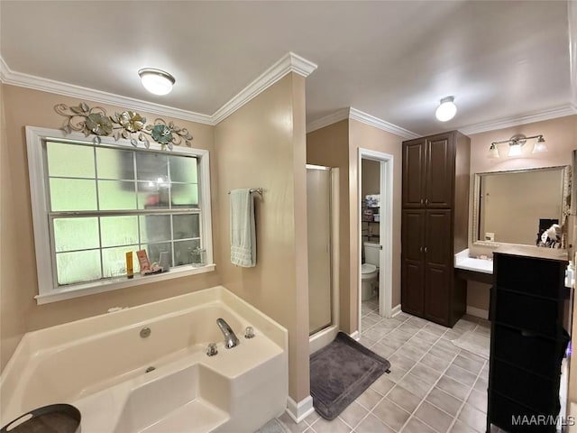 419 County Road 16, Valley Grande, AL 36701 - bathroom with a stall shower, a bath, vanity, crown molding, and toilet