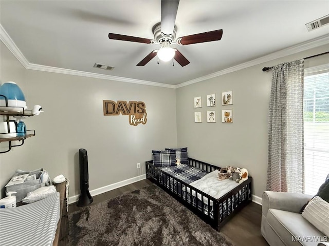419 County Road 16, Valley Grande, AL 36701 - bedroom with wood finished floors, ornamental molding, baseboards, and ceiling fan