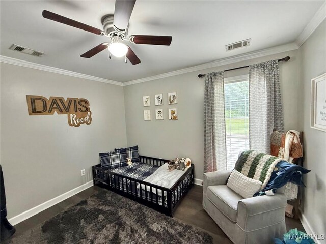 419 County Road 16, Valley Grande, AL 36701 - bedroom with ornamental molding, baseboards, ceiling fan, and wood finished floors