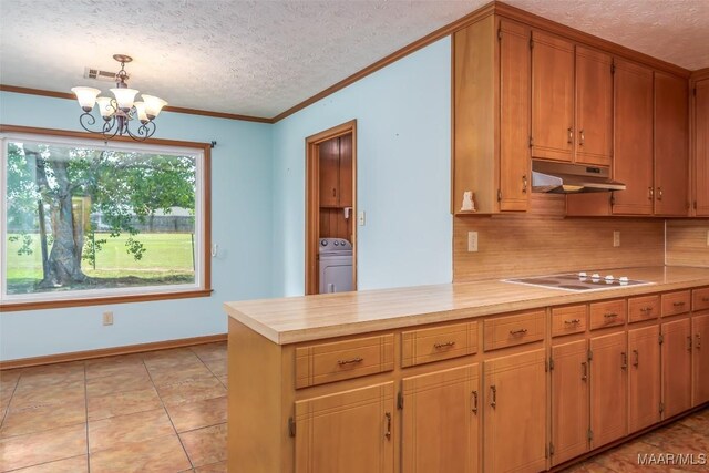 100 Duck Cv, Elmore, AL 36025 - kitchen featuring a textured ceiling, white electric stovetop, light countertops, under cabinet range hood, and crown molding