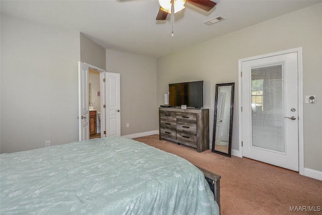 carpeted bedroom featuring baseboards and ceiling fan