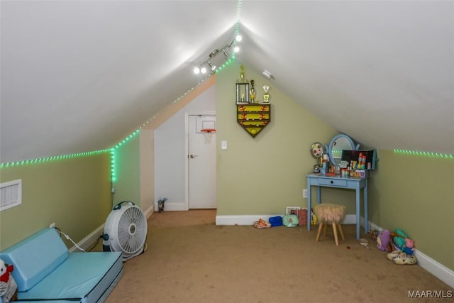 bonus room with lofted ceiling, carpet floors, and baseboards