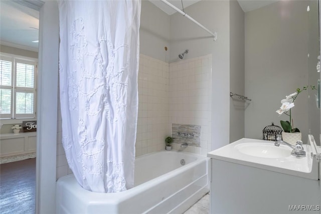 full bathroom with shower / bath combo with shower curtain and vanity