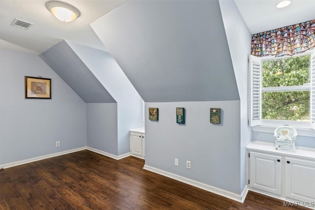 additional living space with dark wood-style floors, baseboards, and lofted ceiling