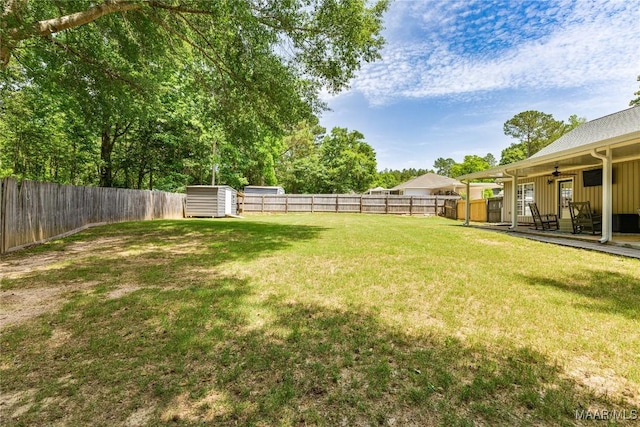 view of yard featuring a ceiling fan, a storage shed, and an outdoor structure