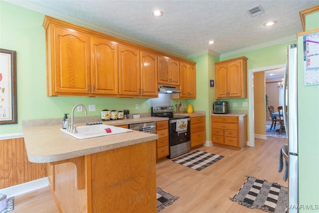 705 Yellowstone Dr, Prattville, AL 36067 - kitchen featuring electric range, a sink, under cabinet range hood, a peninsula, and light countertops