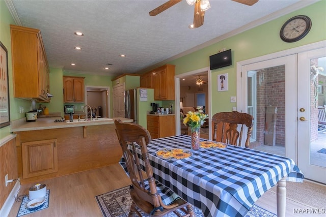 705 Yellowstone Dr, Prattville, AL 36067 - dining room with a ceiling fan, light wood-style floors, ornamental molding, recessed lighting, and a textured ceiling