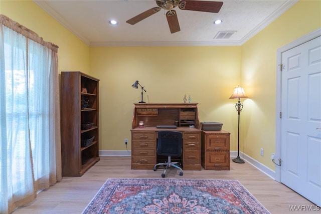 705 Yellowstone Dr, Prattville, AL 36067 - office space featuring crown molding, ceiling fan, light wood-style flooring, baseboards, and recessed lighting