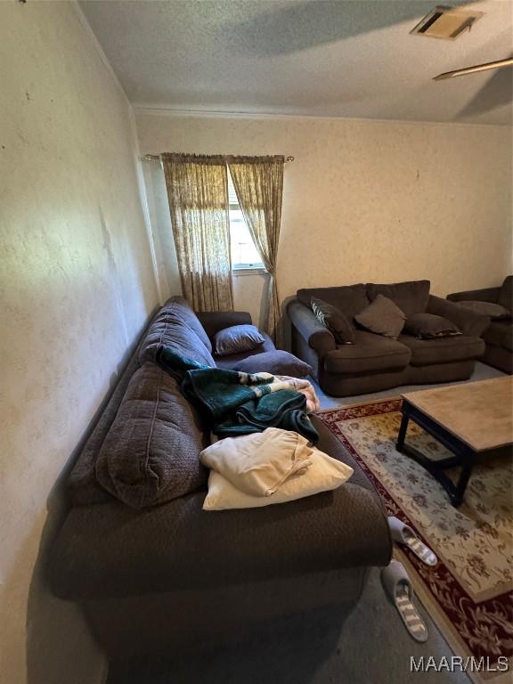 living area featuring a textured ceiling