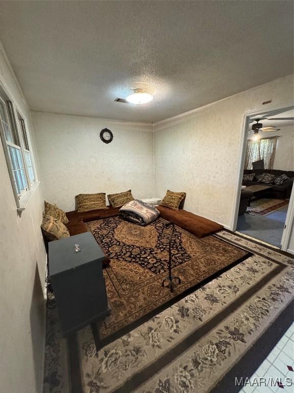 living area with a textured ceiling and ceiling fan