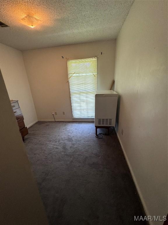 carpeted empty room with a textured ceiling and baseboards