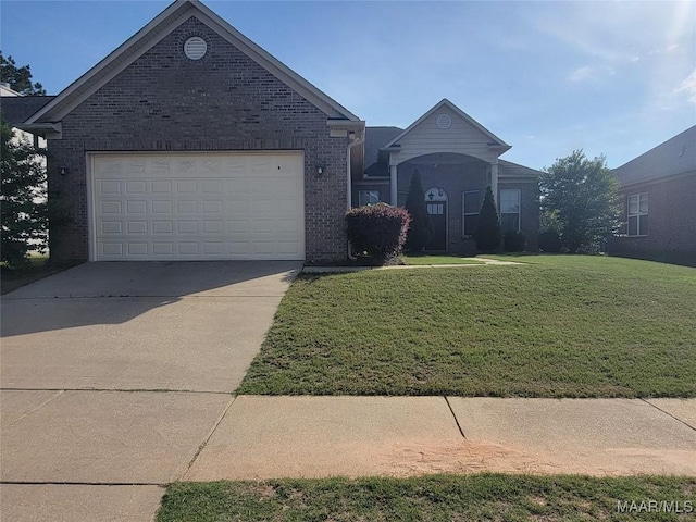 ranch-style house featuring a front lawn, brick siding, driveway, and a garage