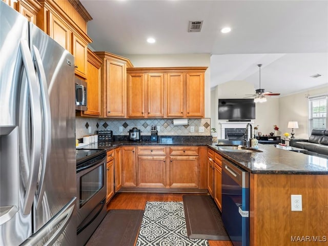 6812 Overview Ct, Montgomery, AL 36117 - kitchen featuring appliances with stainless steel finishes, a sink, open floor plan, ceiling fan, and a peninsula