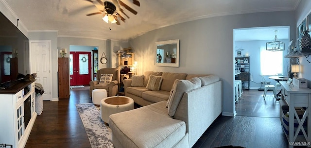 104 Carleton St, Prattville, AL 36067 - living area featuring ceiling fan, dark wood-style flooring, crown molding, and baseboards